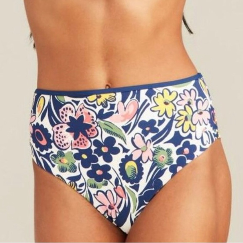 Roller Rabbit Navy White Floral Print High Waisted Bikini Bottom NEW Size Large